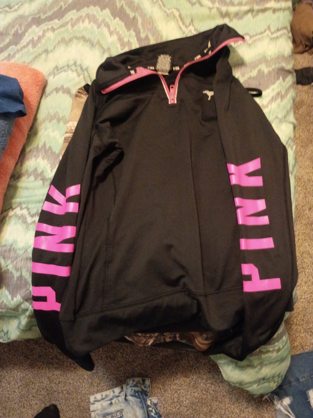 PINK Victoria's Secret Black Hoodie with Pink Sleeve Logo
